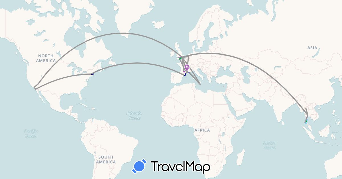 TravelMap itinerary: driving, bus, plane, train, boat in Spain, France, United Kingdom, Malta, Netherlands, Thailand, United States (Asia, Europe, North America)